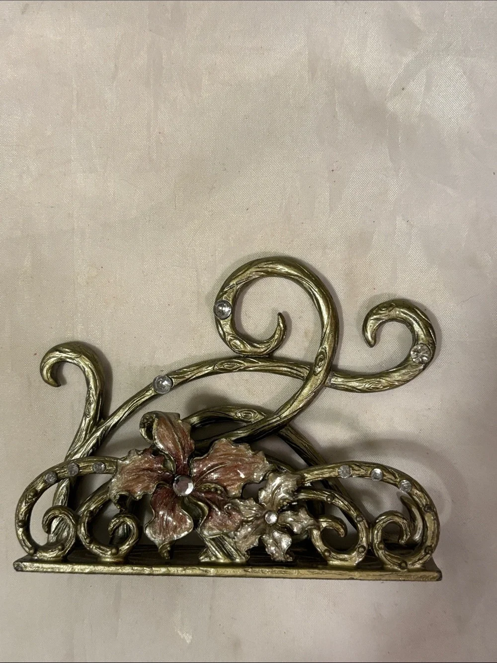 Enameled Ornate Gold Floral Business Card Holder with Rhinestones